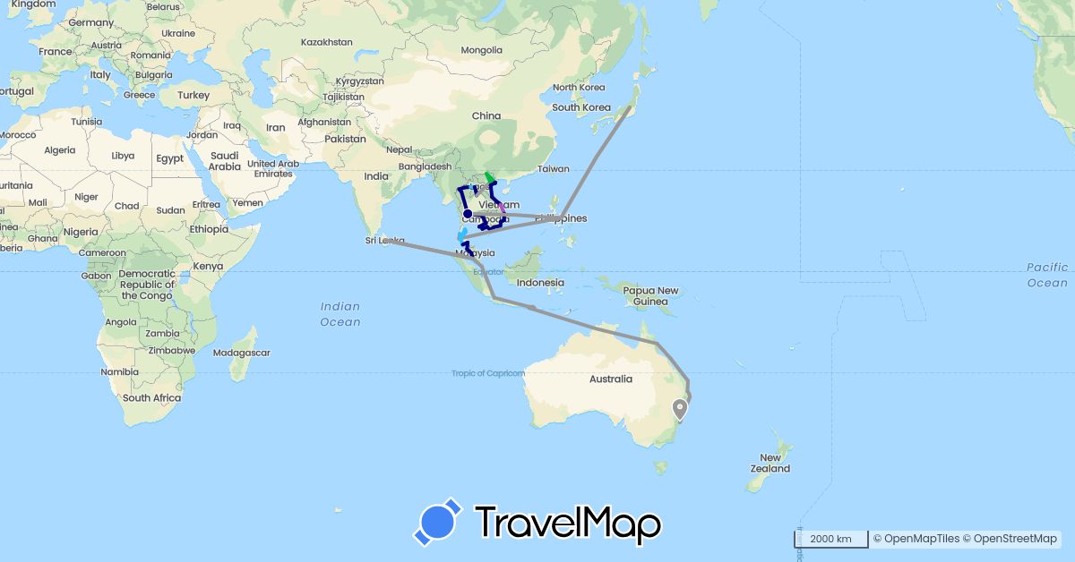 TravelMap itinerary: driving, bus, plane, train, boat in Australia, Indonesia, Japan, Cambodia, Laos, Sri Lanka, Malaysia, Philippines, Singapore, Thailand, Vietnam (Asia, Oceania)